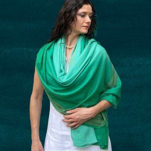 Sage Green Wool and Silk Ombre Scarf / Wrap With Crystal Border